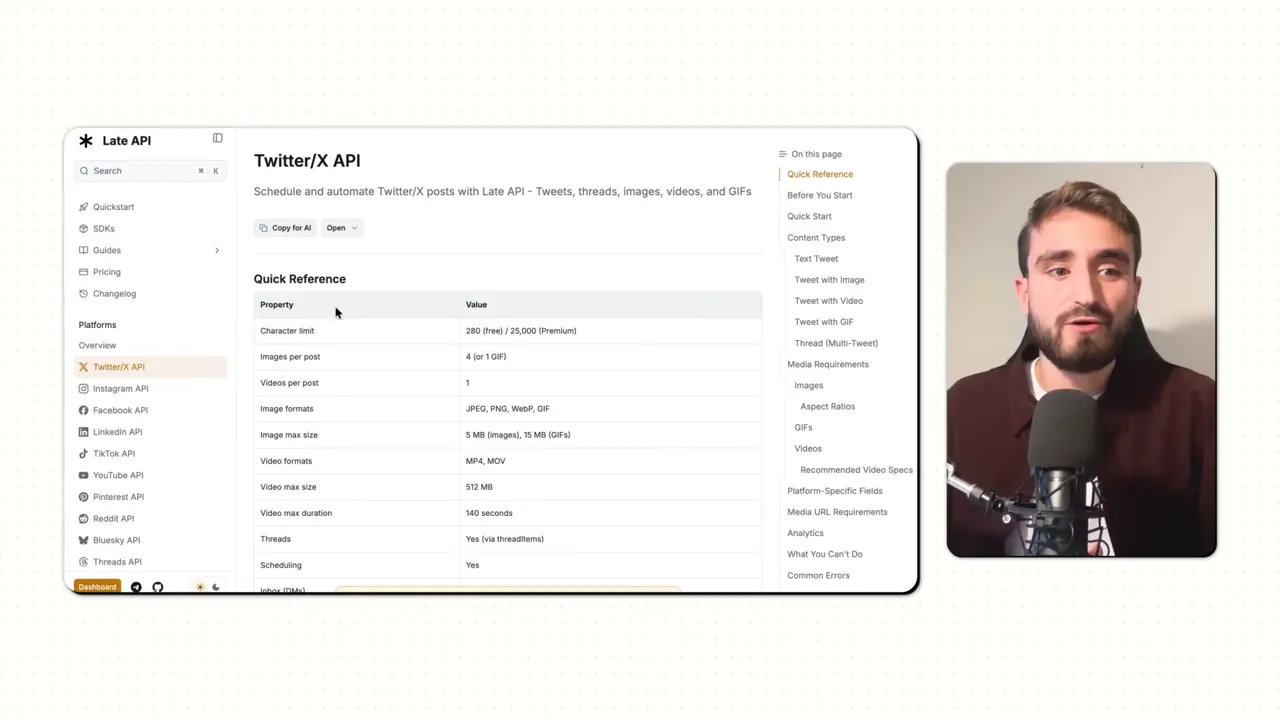Documentation quick reference page for Twitter/X API showing character limits and fields, with presenter inset